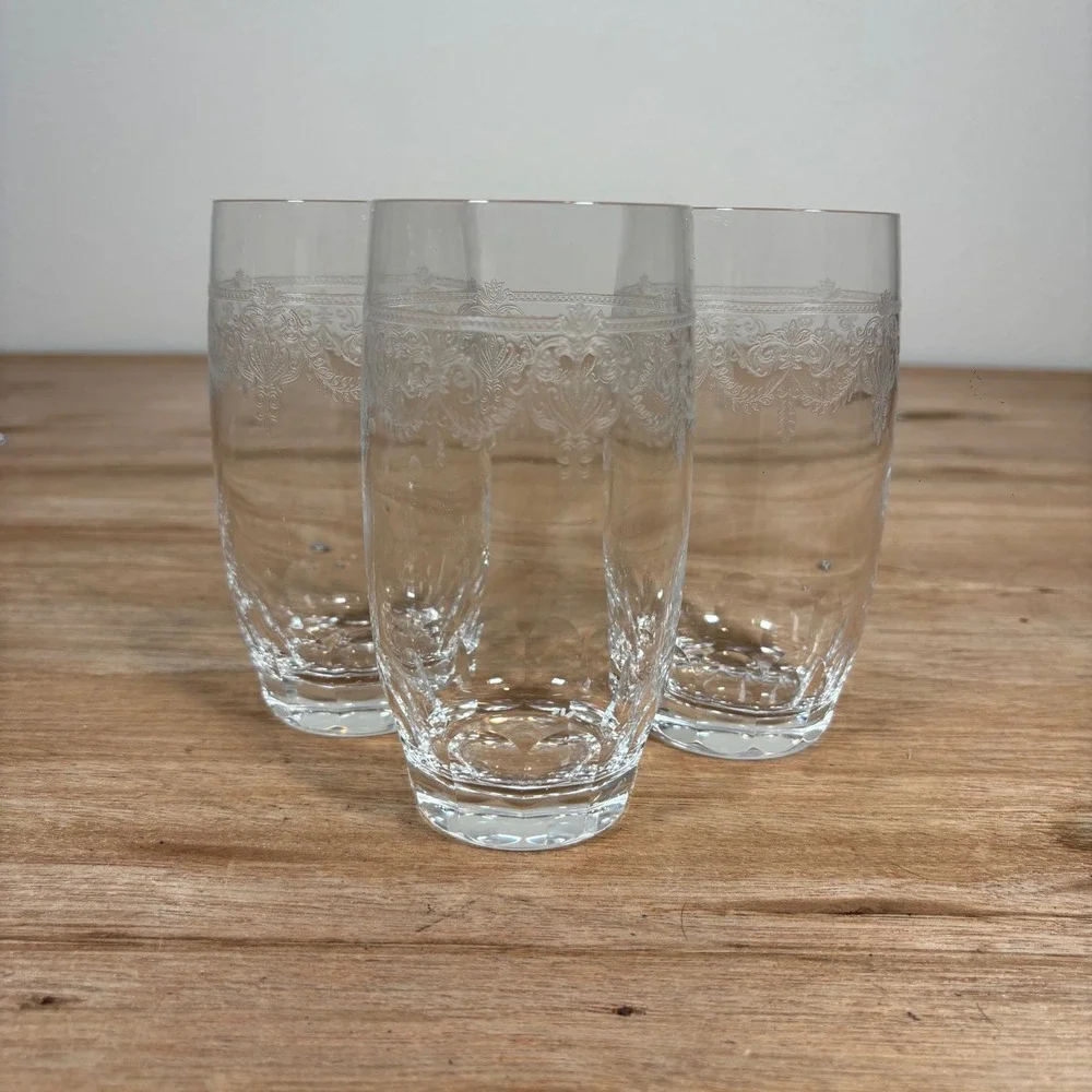 Vintage Etched Crystal Highball Glasses Set of 3 Damask Scrollwork Tumblers